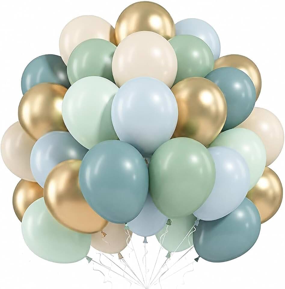 Sage Green and Blue Balloons, 60 PCS 12Inch Dusty Green Blue Balloon