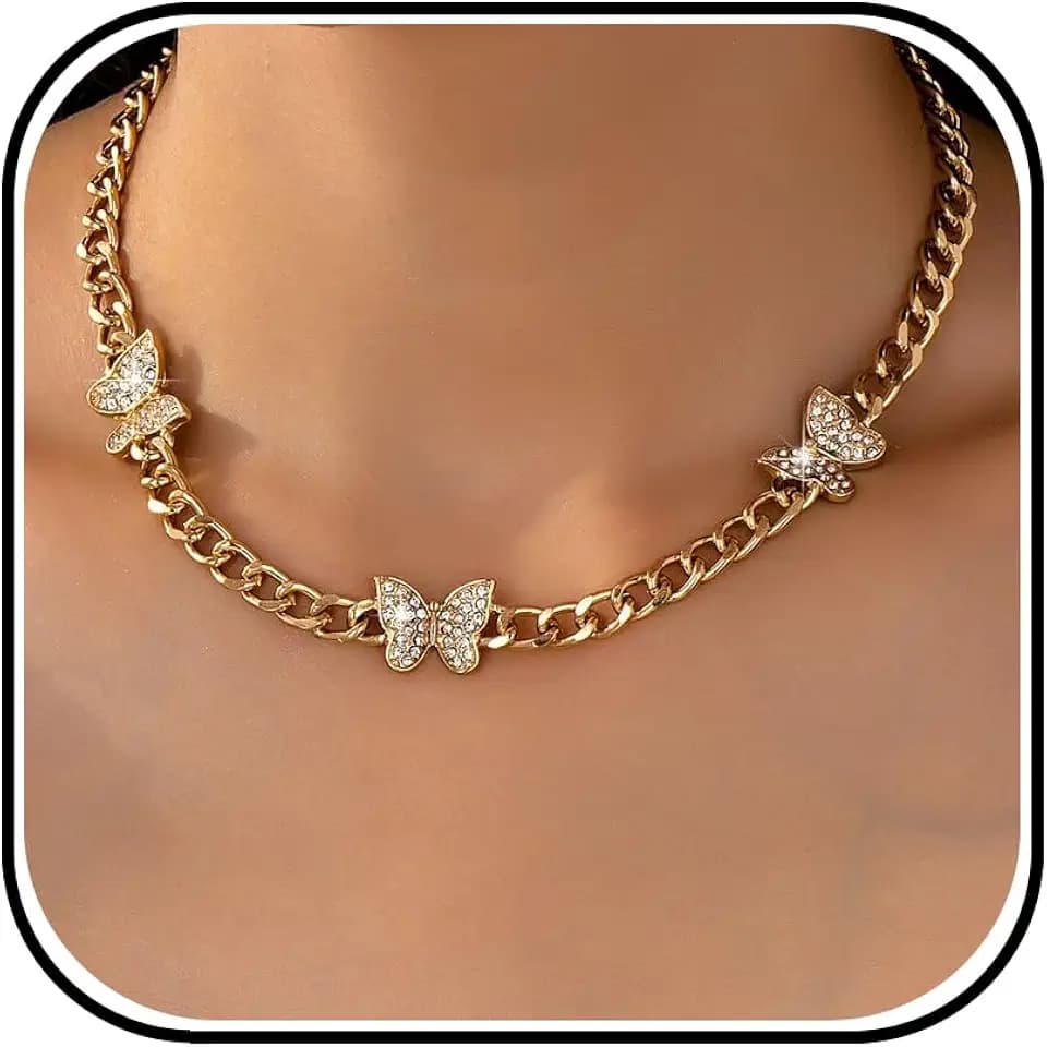 Chunky Gold Butterfly Necklace Rhinestone Butterfly Chain Necklace Statement Cuban Link Trendy Gold Jewelry Gifts