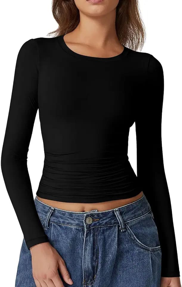 QINSEN Womens Crewneck Long Sleeve Shirt Double Lined Basic Tees Side Ruched Going Out Crop Tops