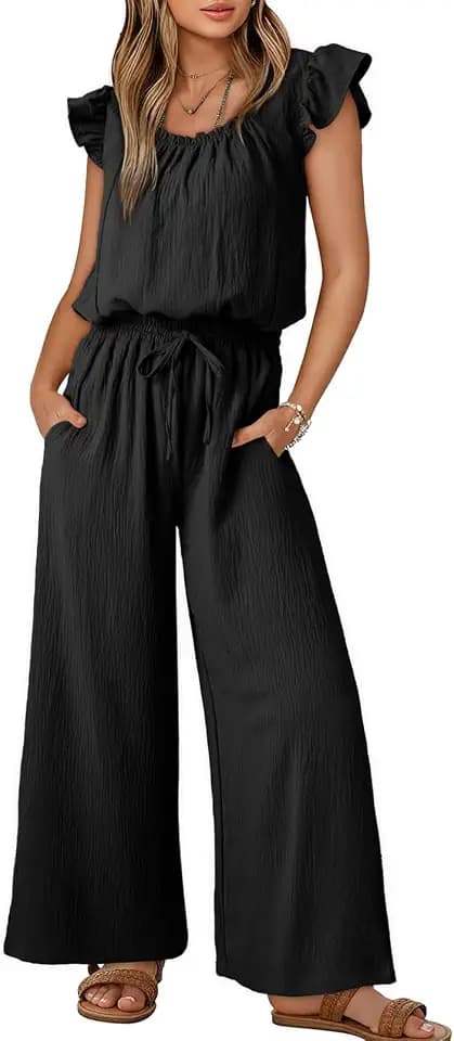 Dokotoo Jumpsuits for Women 2026 Summer Ruffle Sleeves Square Neck Rompers Drawstring Overalls with Pockets
