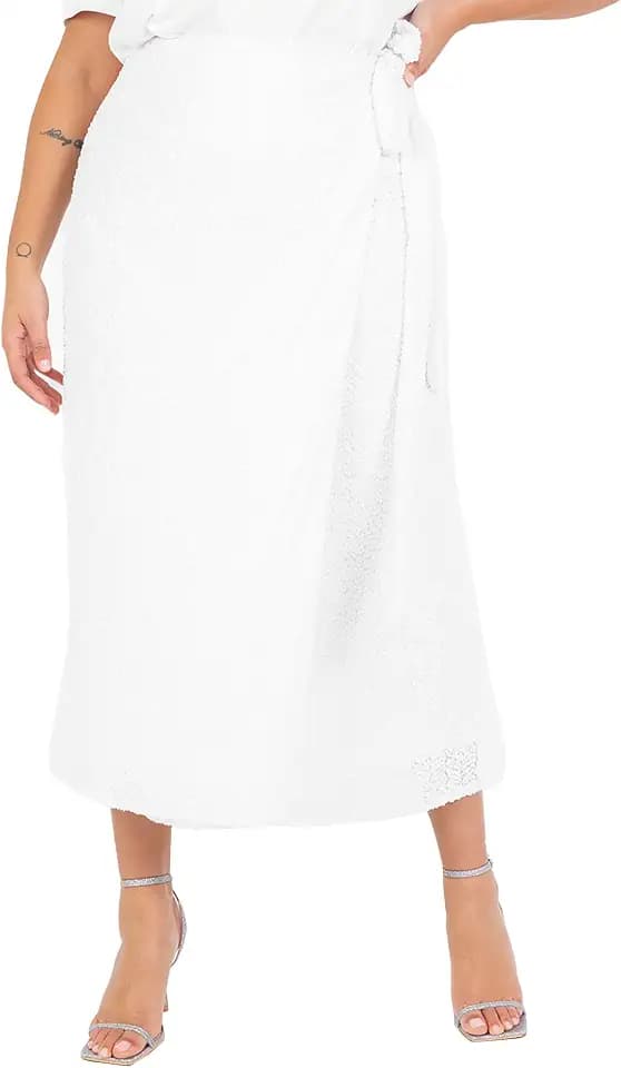 Women's Midi Skirt Long Wrap All-Over Sequin Embellished Tie Belt Occasion Evening Party Wedding Guest