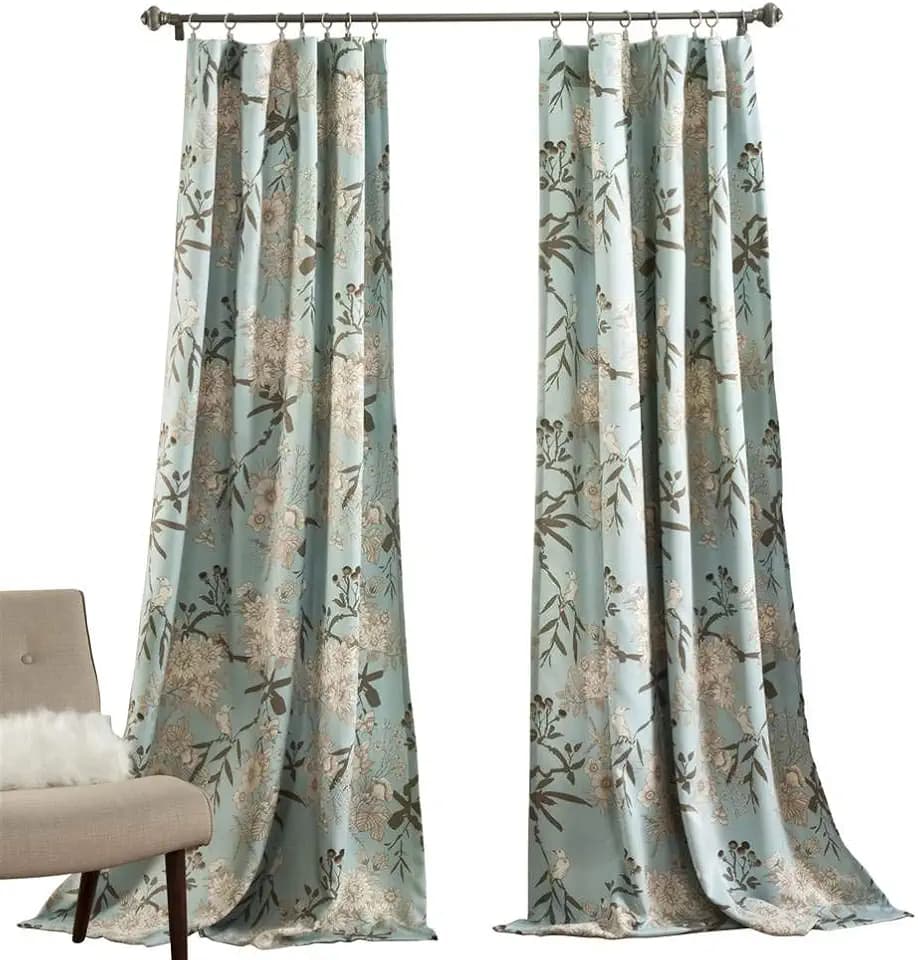 Lush Decor Botanische Gartenvorhänge, Blumen-Vogel-Druck, Lichtfilterung, Fenstervorhänge-Set für Wohnzimmer, Esszimmer, Schlafzimmer, 1 Paar, Blau, 132 cm B x 241 cm L