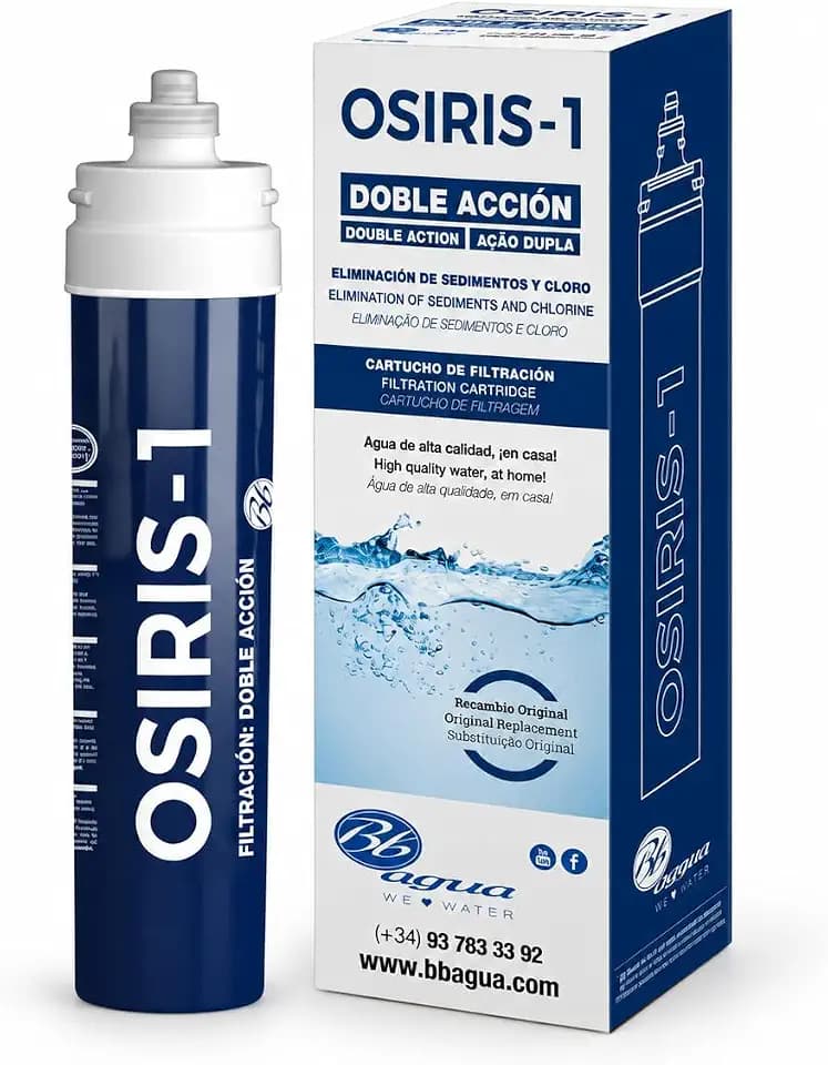 Filter-Ersatzkartusche. Osiris-1. Reduziert Chlor im Wasser, Geschmack und Geruch. Beseitigt Bakterien. Filterung bis zu 5 Mikrometer. Zertifiziert für den Verzehr. Bbagua.