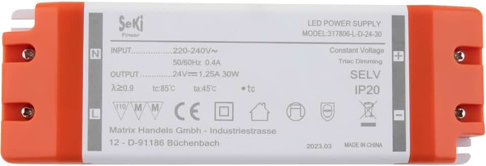SeKi 24V DC 30W 1,25A Konstantspannungs LED Treiber TRIAC Dimmbar, Transformator, Schaltnetzteil; keine Mindestlast, kein Rauschen/LED-Flimmern, MM Zulassung