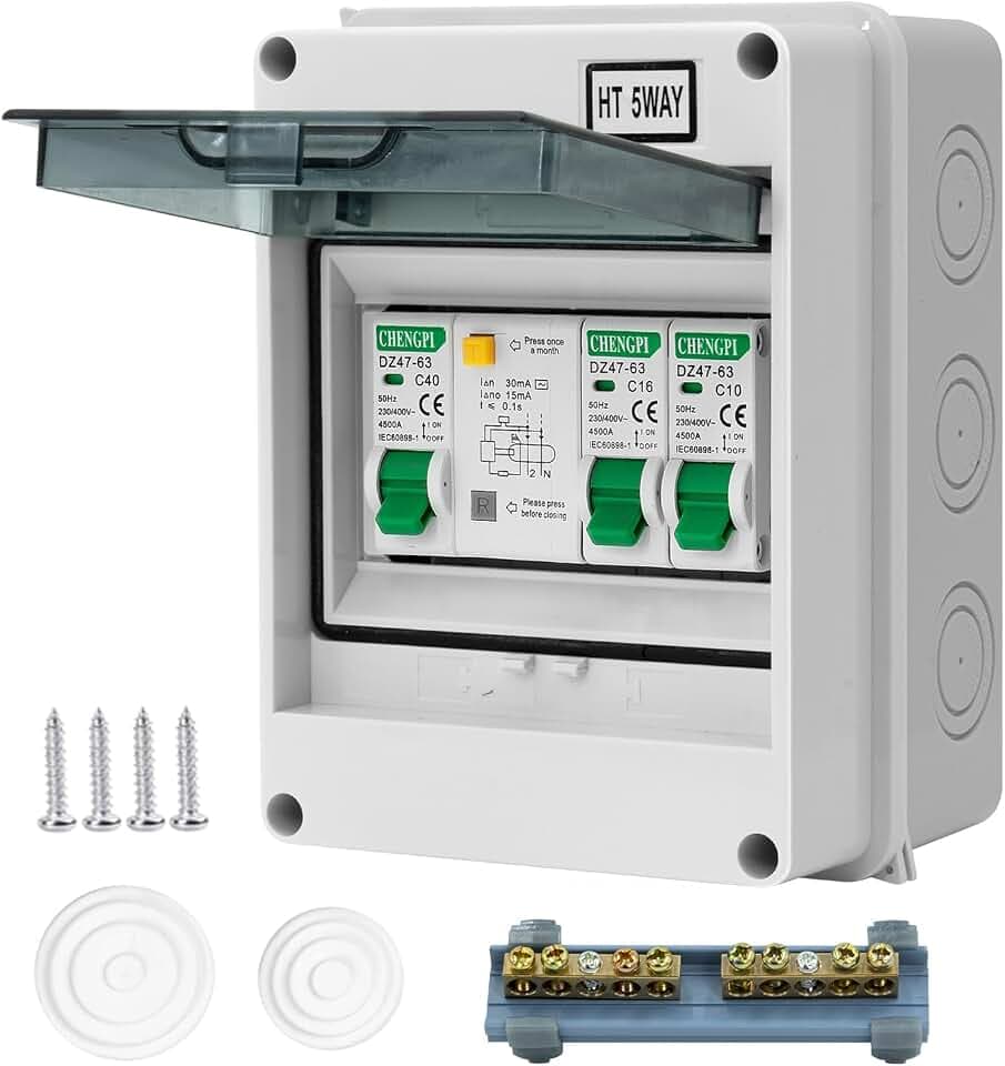CHENGPI Wasserdichte Sicherungskasten Aufputz Bestückt,IP65 Waterproof Verteilerkasten Aufputz,Kleinverteiler Aufputzmit mit AC Leckschalter 40A,AC Trennschalter 10A+16A für Zuhause/Büro