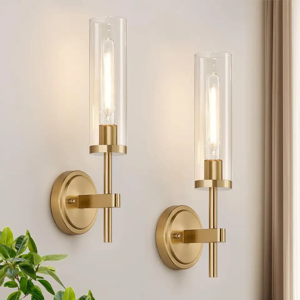 MOKATNG [Hardwired] Wall Sconces Set of Two, Brushed Gold Bathroom Sconces Wall Decor Set of 2 with Clear Glass, Modern Wall Light Fixtures for Bathroom Mirror, Vanity, Living Room, Bedroom, Hallway