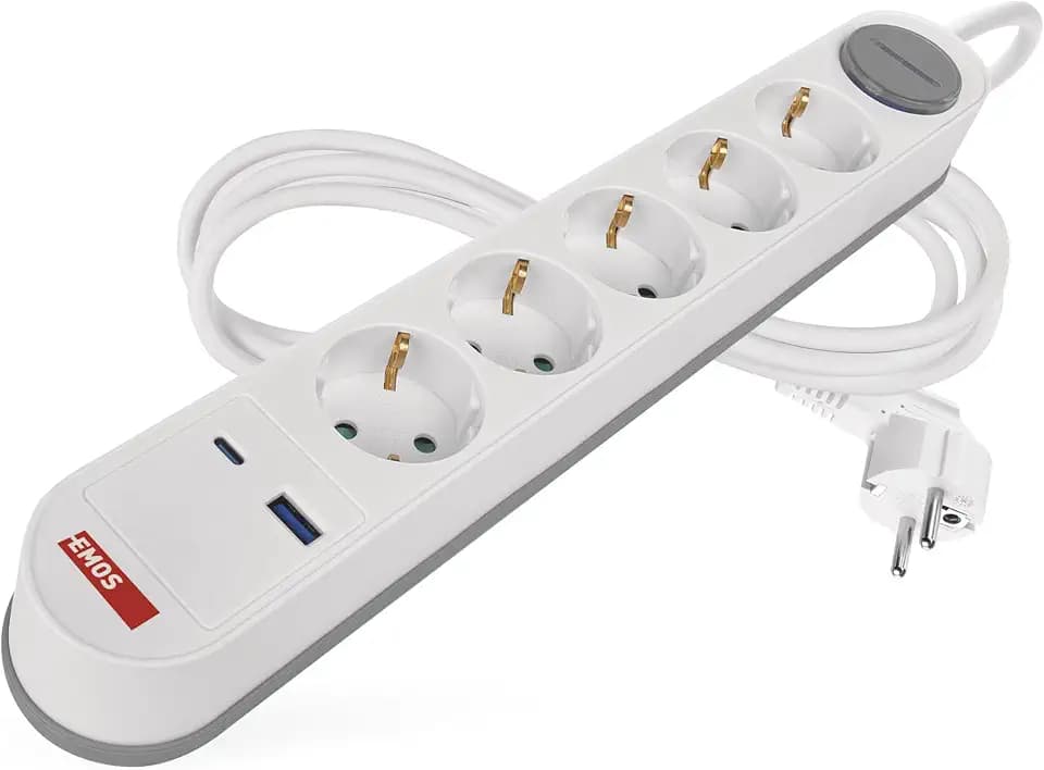 EMOS - Steckdosenleiste 5-Fach mit USB-Fast-Charge Laden, 3m Kabel - Mehrfachsteckdose mit Schalter für Innenbereich - Wandmontage tauglich - 5X Steckdose, 1x USB C, 1x USB A - weiß