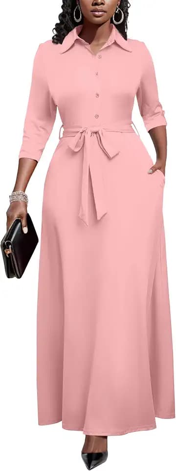 Runwind Womens Maxi Dress 3/4 Sleeve Button Down Church Dress with Pockets