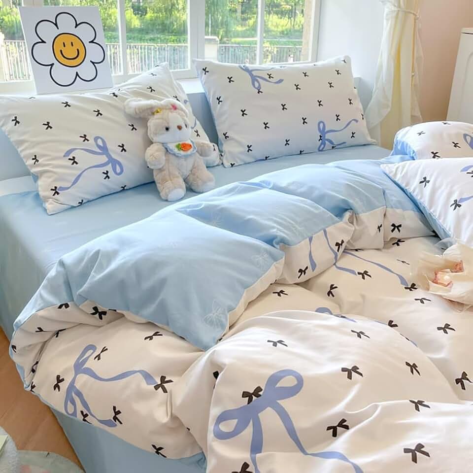 Weiß-blaue Schleife, Bettbezug, einzelne Schleifen, Schleifendruck, Kawaii-Bettwäsche-Set, Mädchen, niedliche schwarze Fliege, wendbar, Mikrofaser, Bettdeckenbezug 135 x 200 cm mit