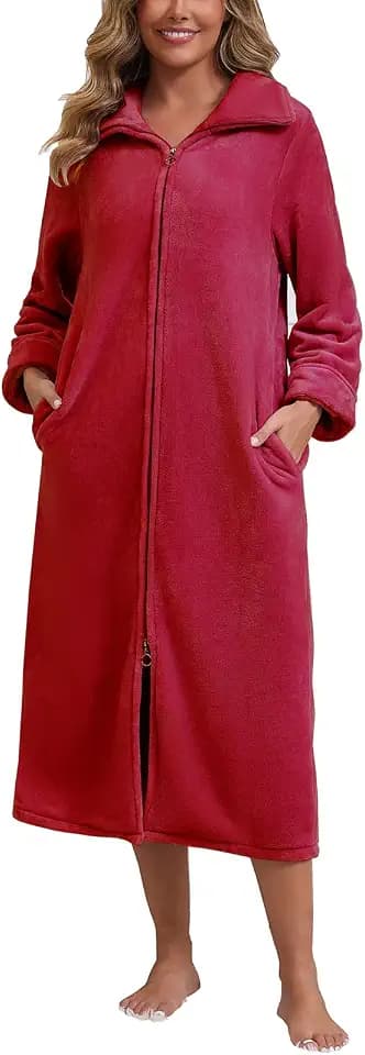 Rubehoow Damen-Bademantel aus Fleece, weich, warm, Hausmantel, Plüsch, Flanell, Reißverschluss, Bademantel mit Taschen für den Winter