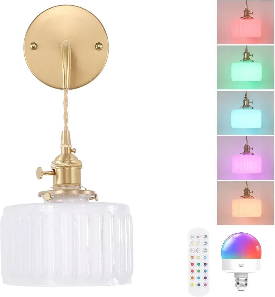 Shenmoyl Battery Operated Wall Sconce with White Striped Shade Pattern Glass Adjustable Chain Retro Gold Wall Mounted Light, Modern Wall Lamp Fixtures Decor for Bedside Bedroom Indoor Doorway