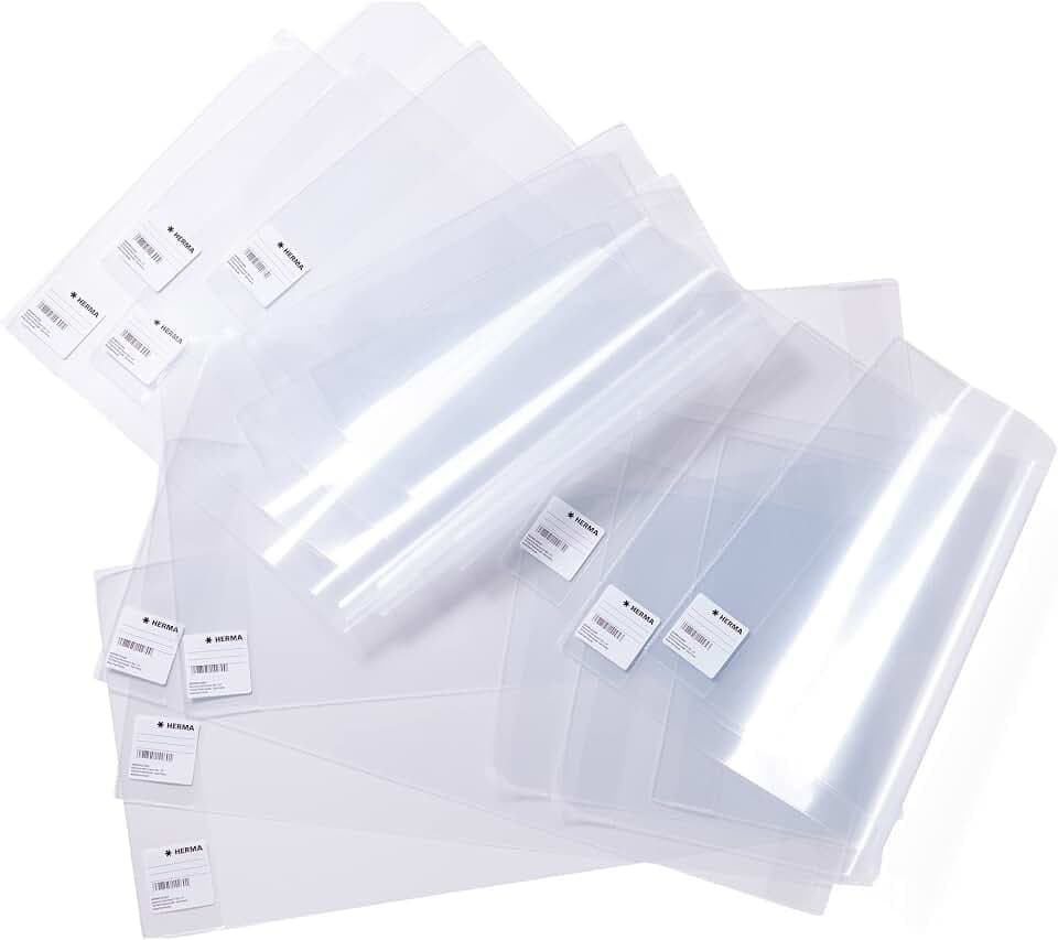 HERMA 14255 Buchumschläge 25,5 x 54 cm Basic, 10 Stück, Buchhüllen mit Beschriftungsetikett & Kantenschutz aus abwischbarer Polypropylen-Folie, Buchschoner Set für Schulbücher, transparent