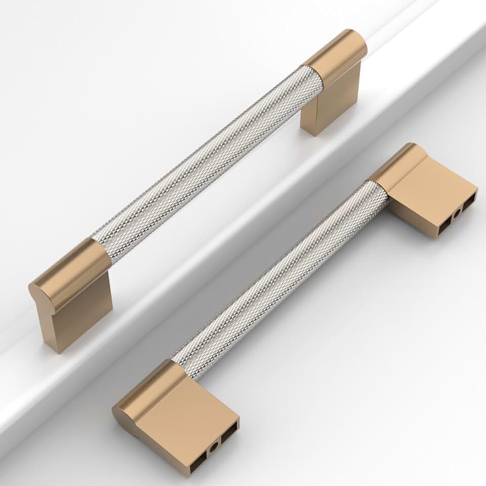 10 Pack 3-3/4"(96mm) Brushed Satin Nickel and Champagne Bronze Cabinet Pulls Kitchen Cabinet Handles Knurled Cabinet Hardware Drawer Pulls for Cupboard
