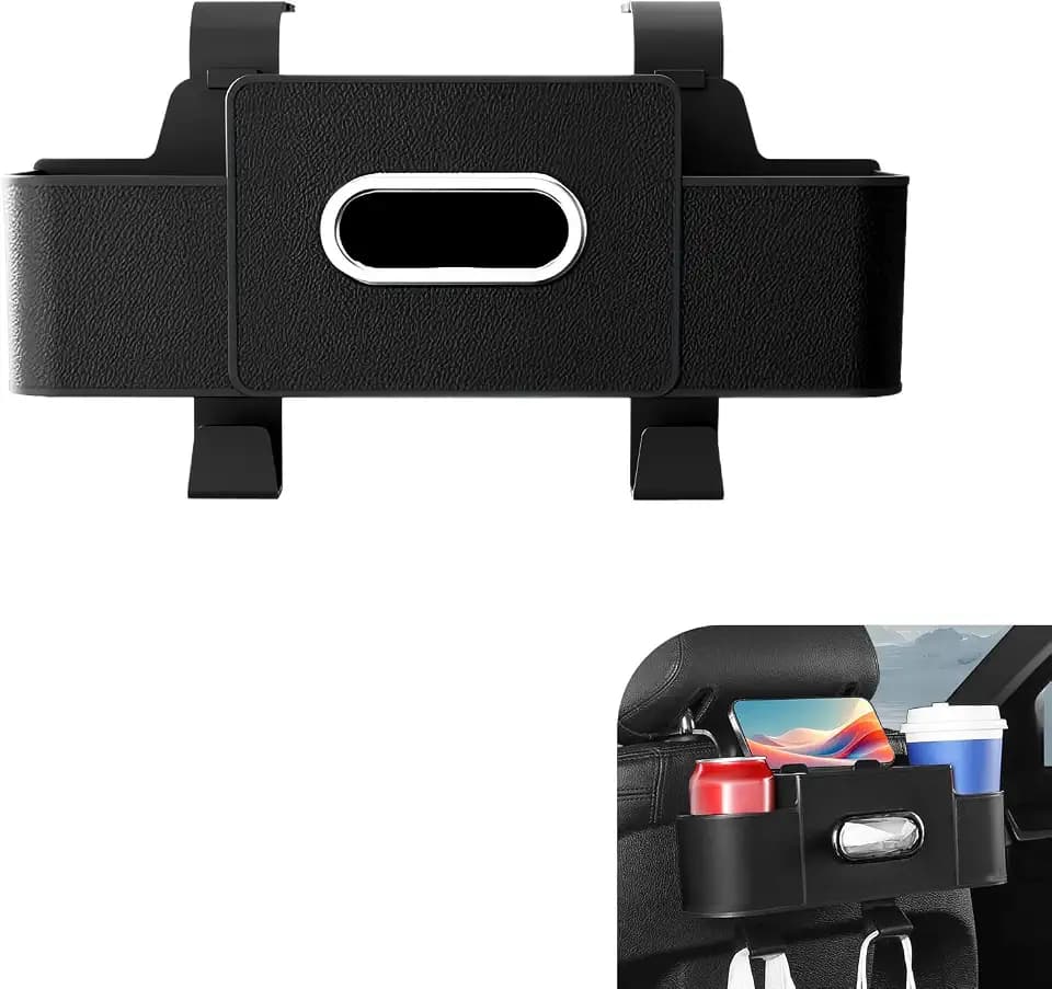 Car Back Seat Organizer, 4-in-1 Snap-On Leather Car Headrest Storage Box, Phone Holder Tissue Box Cup Holders Hooks, Universal for Most Cars (Black)