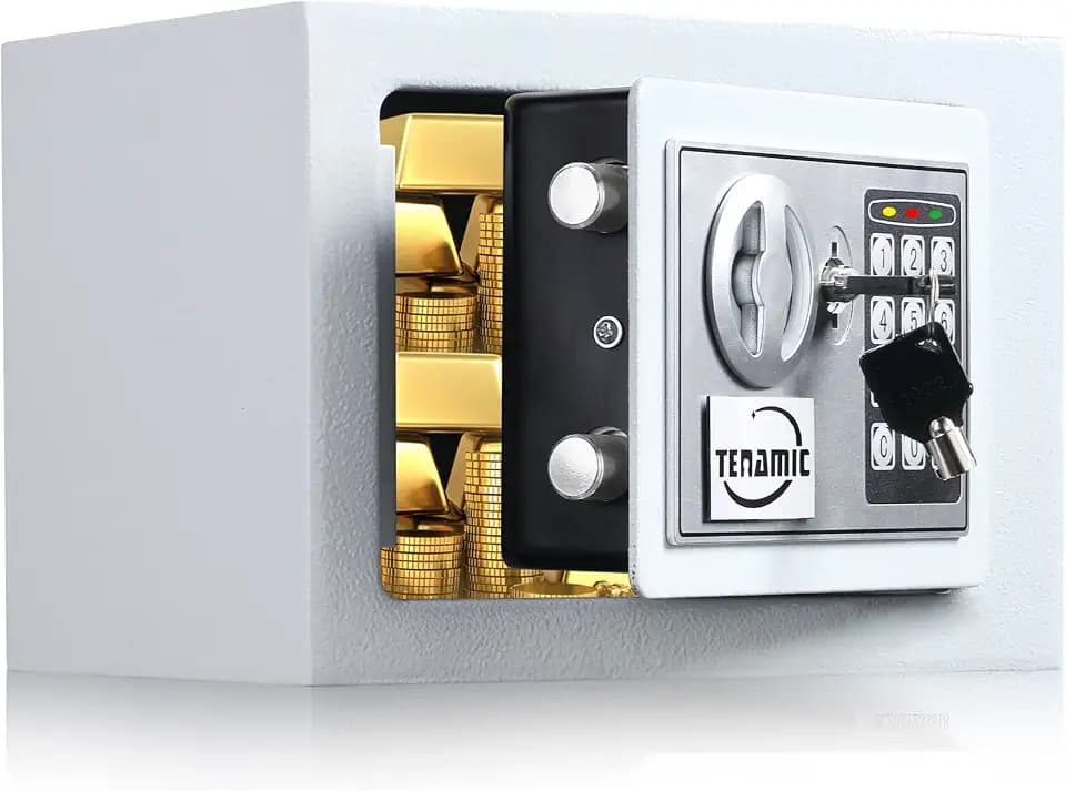 TENAMIC Electronic Digital Security Keypad Lock Box - 0.23 Cubic Feet Mini Safe for Office, Hotel, Home - White