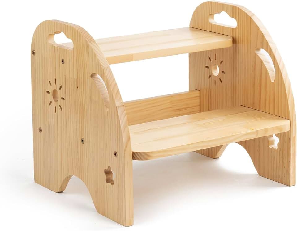 Holz-Tritthocker für Kinder, 2 Stufen, Rutschfester Kinderhocker mit Griff