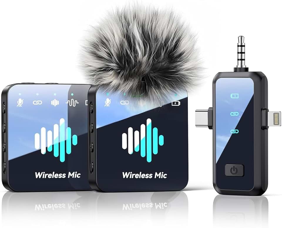 MENERESAS Wireless Microphone for iPhone: 40dB Noise Canceling Mini Mic with 20Hz-20kHz Audio, 328ft Range, 20H Battery, 3-in-1 Lavalier Microphone for Video Recording