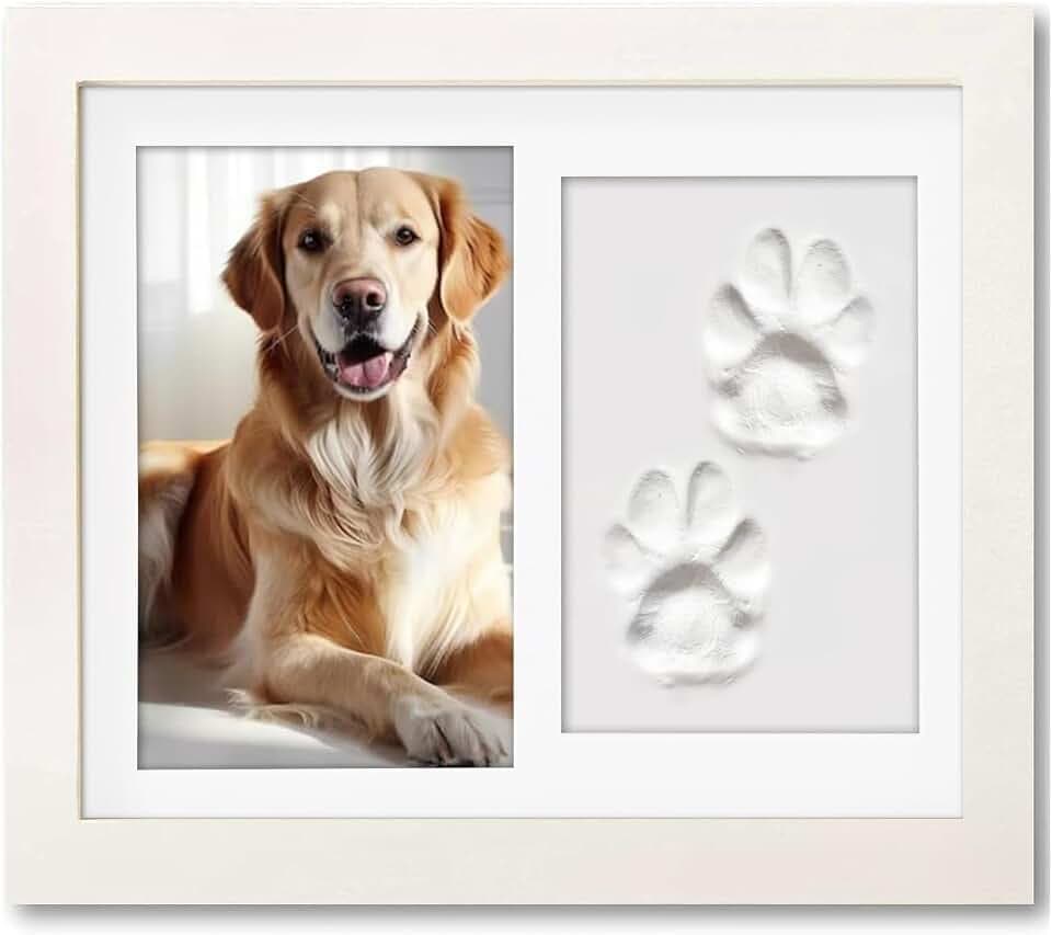 Gedenkrahmen Hund und Katze, Pfotenabdruck Set Hund Katze Fotorahmen mit Ton Impressum Kit und Foto-Display für 6 x 4“ Foto, Perfekte Andenken Geschenk für Tierbesitzer-Weiß