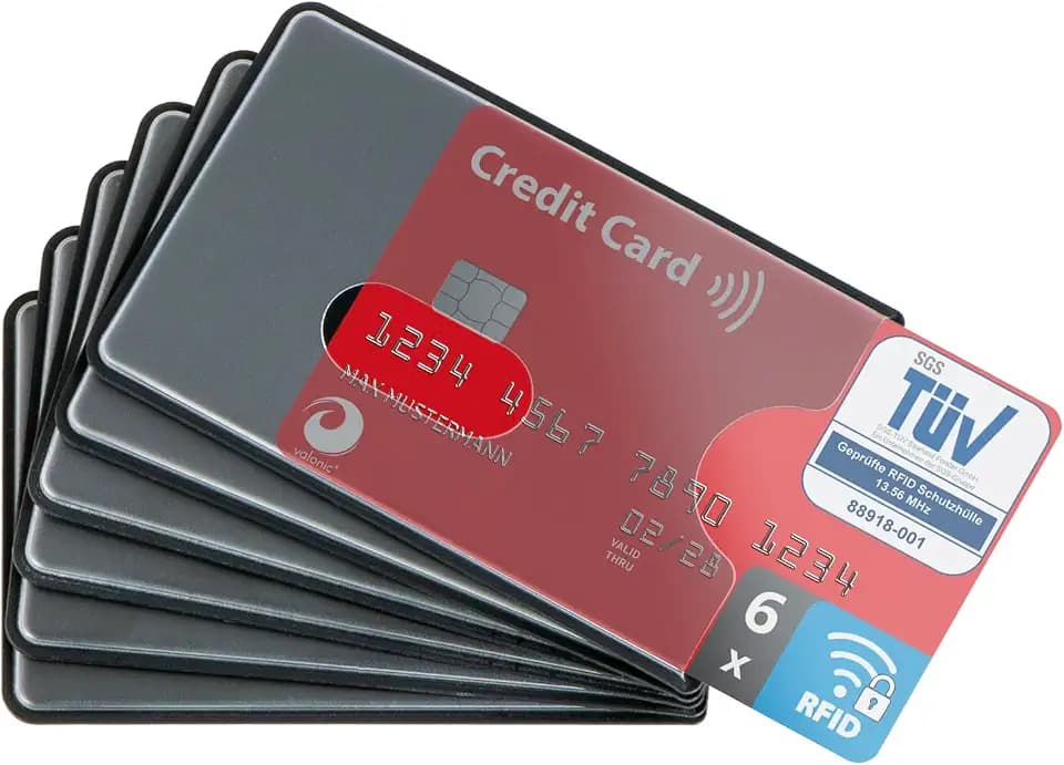 valonic TÜV geprüfte RFID Blocker Schutzhülle - 6 Stück - Sicherheit gegen Datenklau - NFC Schutzhüllen - Kartenhülle für Kreditkarten und EC Karten, EC Kartenhülle für Bankkarten
