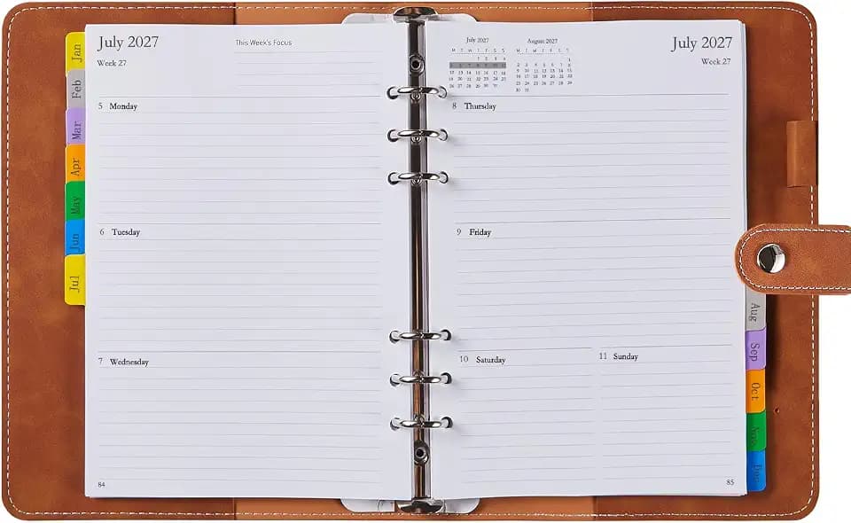 Kalender 2027 Ringbuch A5 Wochenplaner, 1 Woche 2 Seiten Nachfüllbar Terminplaner mit Tabs, Softcover Buchkalender Planer Organizer mit Passwort, Notizen, Kontakt für Büro Schule Beruf, Jan-Dez 2027