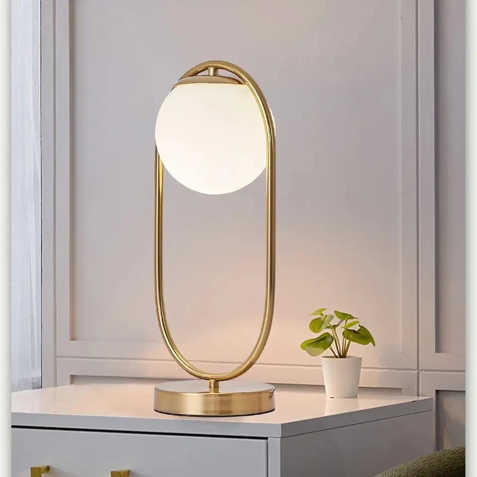 Mid Century Modern Table Lamp, White Glass Globe Nightstand Light, Small Gold Desk Lamp for Bedside Bedroom Living Room Office
