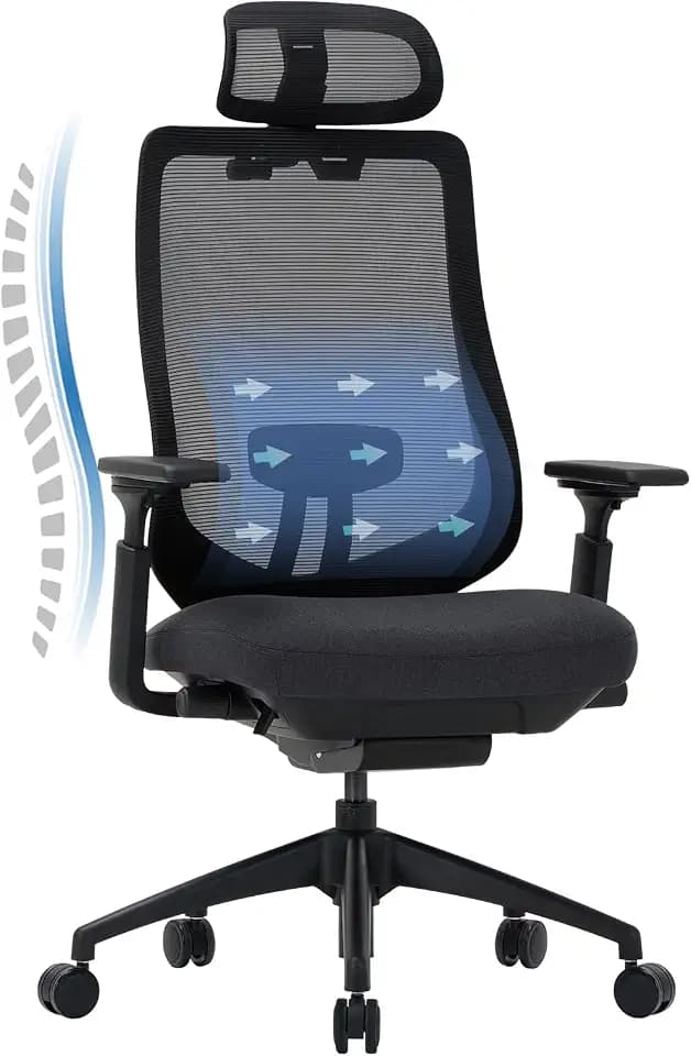 COLAMY XK01 Atlas Ergonomischer Bürostuhl, Chefsessel aus Mesh mit Verstellbarer Kopfstütze, Computer-Bürostuhl, drehbar mit 4D-Armlehnen, Basis aus Nylon, Schwarz