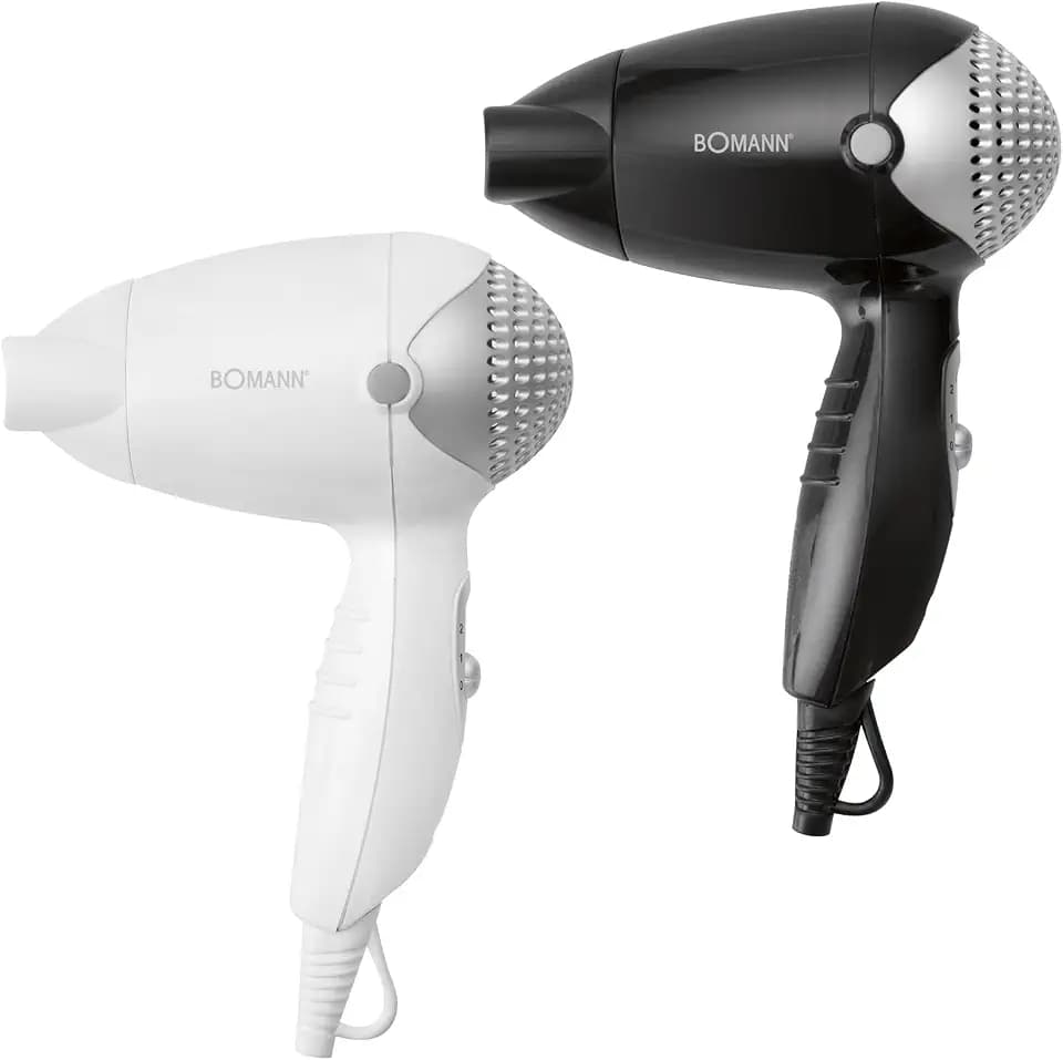 Bomann Reisehaartrockner | kompakte Größe | 1200 Watt | 2 Temperatur-/Leistungsstufen | Formdüse 360° drehbar (abnehmbar) | Aufhängeöse | Fön | HT 8002 CB schwarz oder weiß