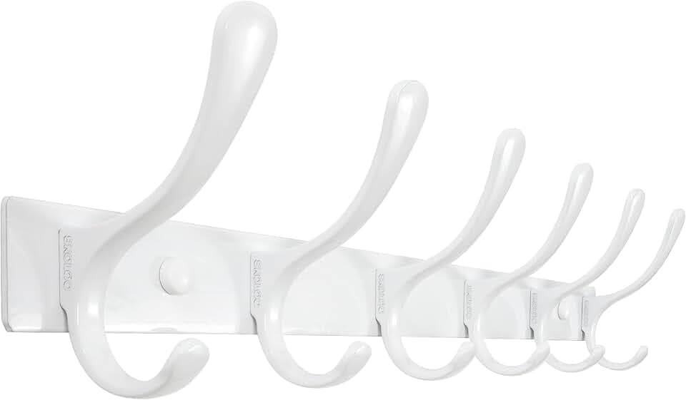 SKOLOO Heavy Duty Wall Mounted Coat Rack - 6 Hooks, Stainless Steel, Sturdy Coat Hooks for Hanging Clothes, Jacket, Hat, White