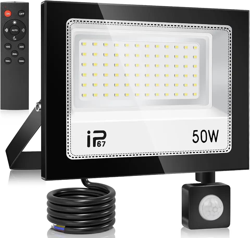 50W Fernsteuerung LED Strahler mit Bewegungsmelder Außen，Superhell 5000LM LED Scheinwerfer，7000K Kaltweiß Scheinwerfer， IP67 Wasserdichte Außenstrahler，für Hinterhof,Innenhöfe,Auffahrt,Garage