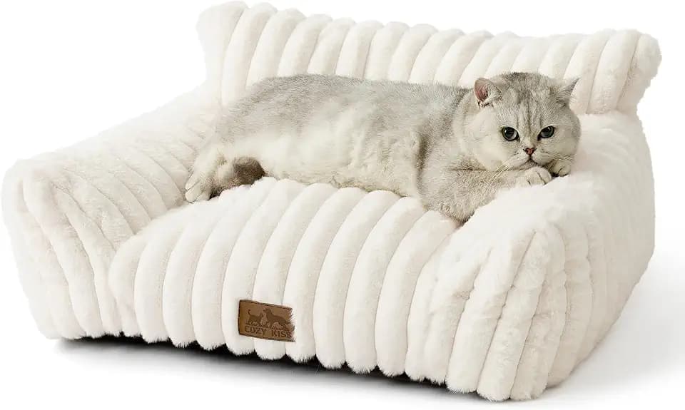 COZY KISS Katzenbett 65x44cm, Hundebett-Sofa für Kleine Katze Hunde, Creme | Flauschig Orthopädisches Katzenbett, Kopf- & Nackenstütze, Waschbar, Rutschfester Boden, Weiches Kunstfell, 30cm H, Creme