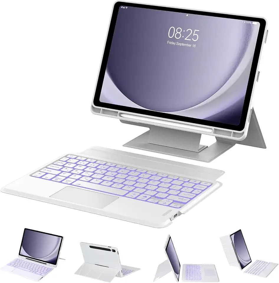Keyboard Case for Samsung Galaxy Tab A9 Plus 11 Inch 2023, Raised Floating Stand Keypad for Samsung Tablet A9+ Folio with Trackpad, Touchpad Case for Galaxy Tab A9Plus with Backlit, Pen Holder, White