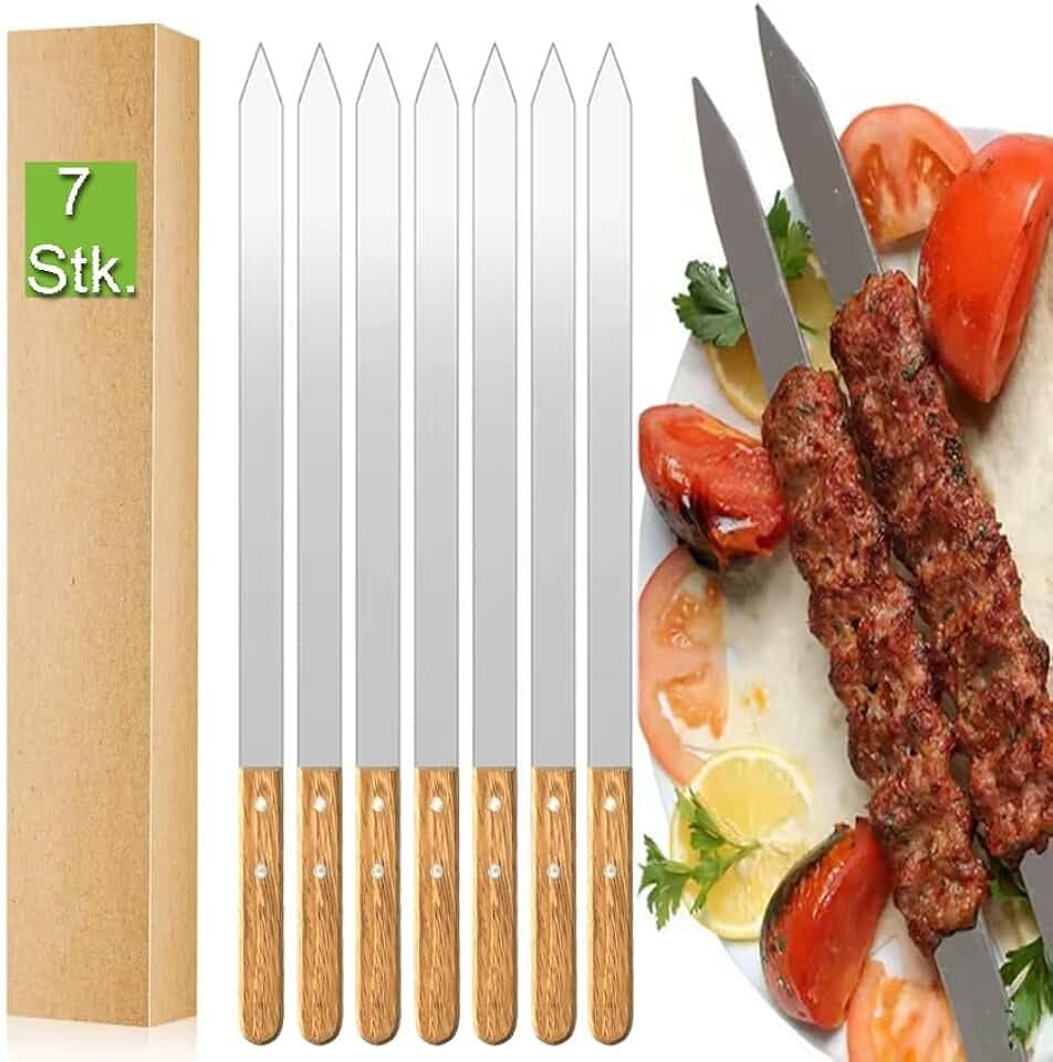 7 Stück Premium Grillspieße Edelstahl – Flache BBQ Spieße, 60cm Lang, 2,3cm Breit und 2mm Stark, Rostfrei & Wiederverwendbar, Perfekt für Kebab, Fleisch & Gemüse, Ideal für Grill, Barbecue & Camping