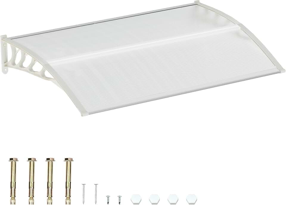 58.5x35 Inch Patio Window Awning Shade, Polycarbonate Door Entrance Canopy Cover Protection for Sunshine & Rain, Transparent with White Edge