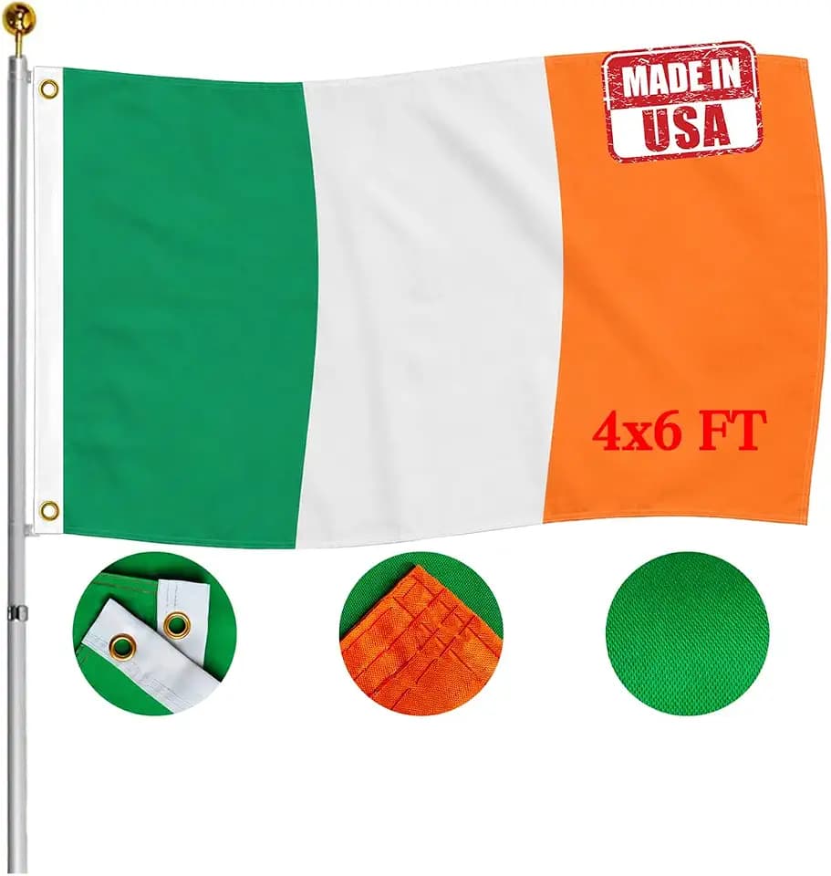 Double Sided Ireland Flag 4x6 FT Outdoor- UV Fade Resistant 3Ply Irish National Flags Canvas Header with 2 Brass Grommets Easy to Rising
