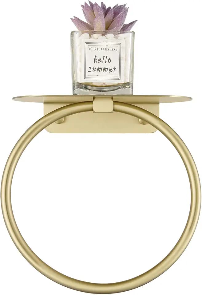 APLusee Brushed Gold Hand Towel Ring with Shelf for Bathroom, Wall Mounted