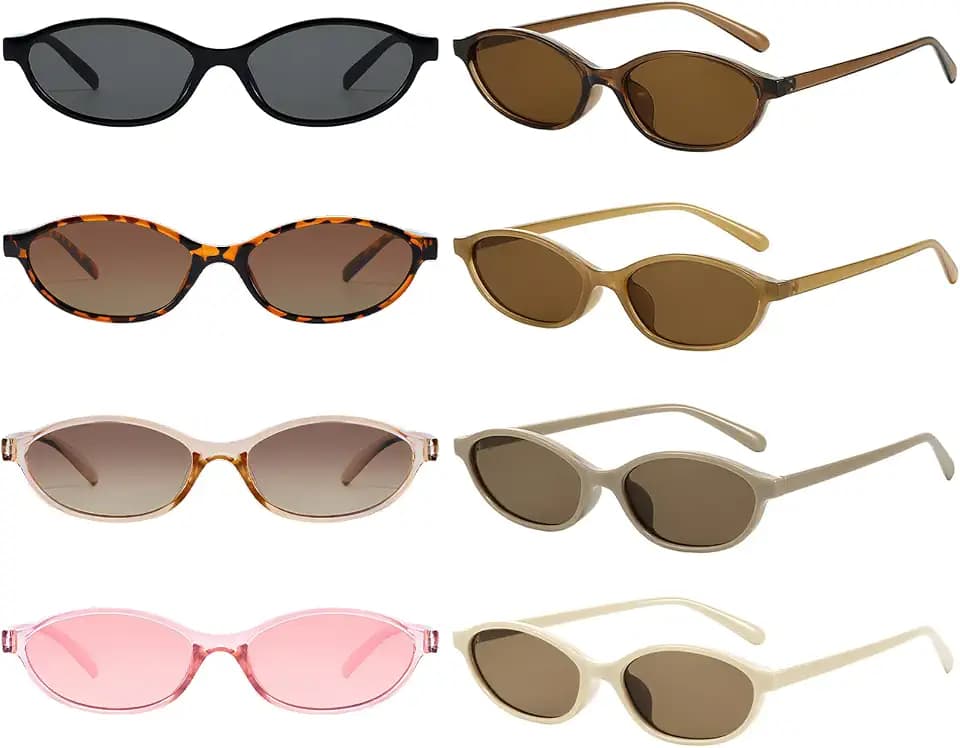 Pibupibu 8 Pack Retro Oval Cat Eye Sunglasses for Women 90s Design Small Sun Glasses Y2k Trendy 90s Narrow Shades Set