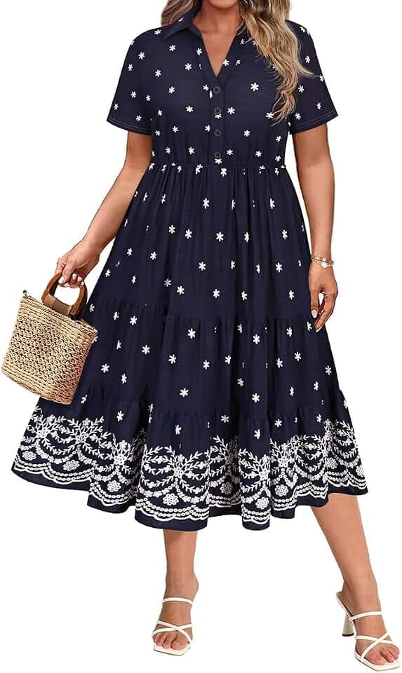 CARCOS Plus Size Dresses for Curvy Women Collared Vneck Short Sleeve Dresses Midi Summer Ruffle Dress with Pocket XL-5XL