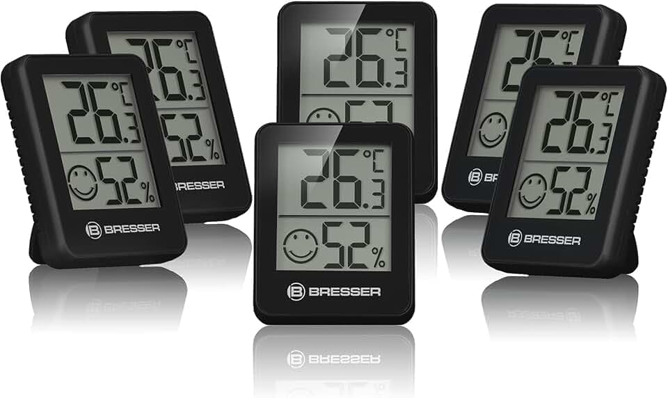 Bresser 6er Set Thermometer Hygrometer - Digitales Raumthermometer für Kontrolle Innenraum Luftfeuchtigkeit, Kühlschrankgeeignet, Wandmontage und Magnet, Schimmelvorbeugung - Indikator Smiley, Schwarz