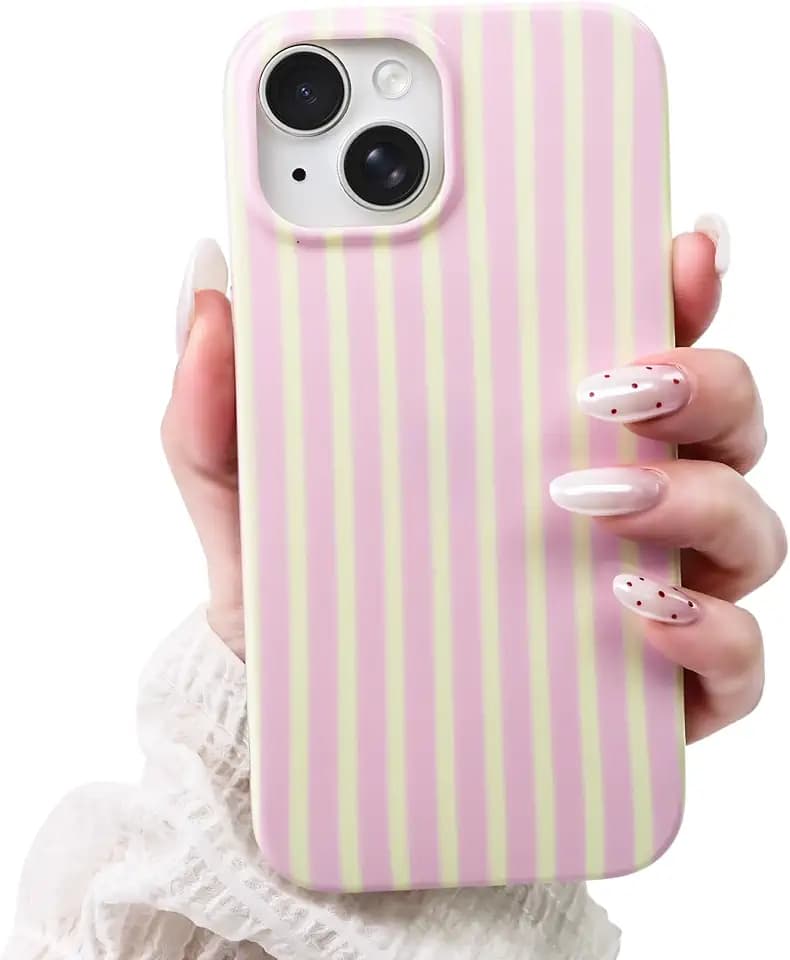Cute Striped Case for iPhone 14 Plus/15 Plus 6.7",Pink/Yellow