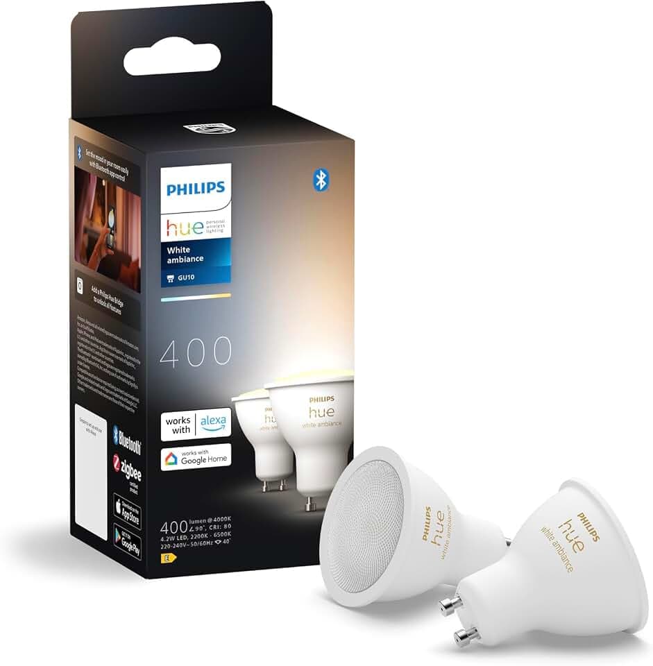 Philips Hue White Ambiance GU10 LED Spot 2er Pack (400lm), dimmbare LED Lampen für das Hue Lichtsystem mit warmweißem Licht, smarte Lichtsteuerung über Sprache und App