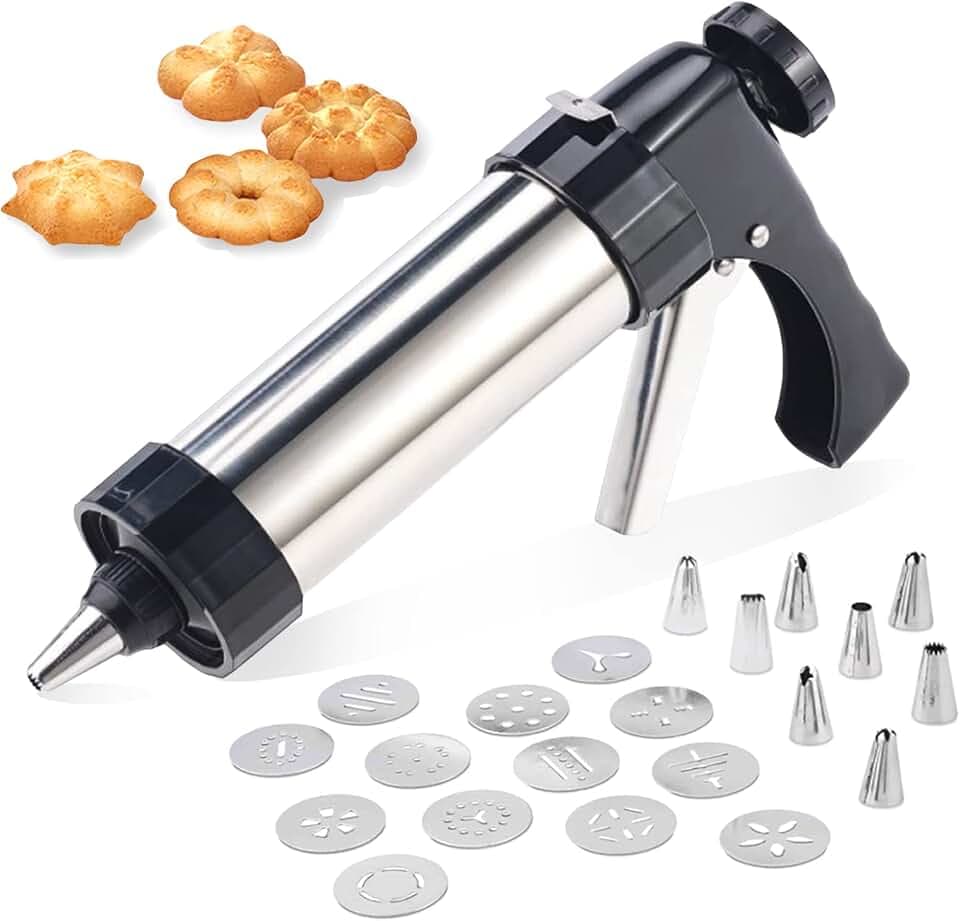 Gebäckpresse für Spritzgebäck Edelstahl Spritzgebäck Presse,Teigspritze Kekspresse Spritzgebäck Profi Spritzgebäck Maschine Gebäckpresse mit 13 Schablonen und 8 Tüclen Plätzchenpresse für Kuchen Kekse