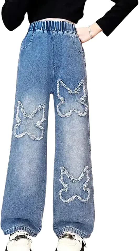 NABER Kids Girls' Elastic Waist Denim Pants Baggy Wide Leg Jeans Age 5-14