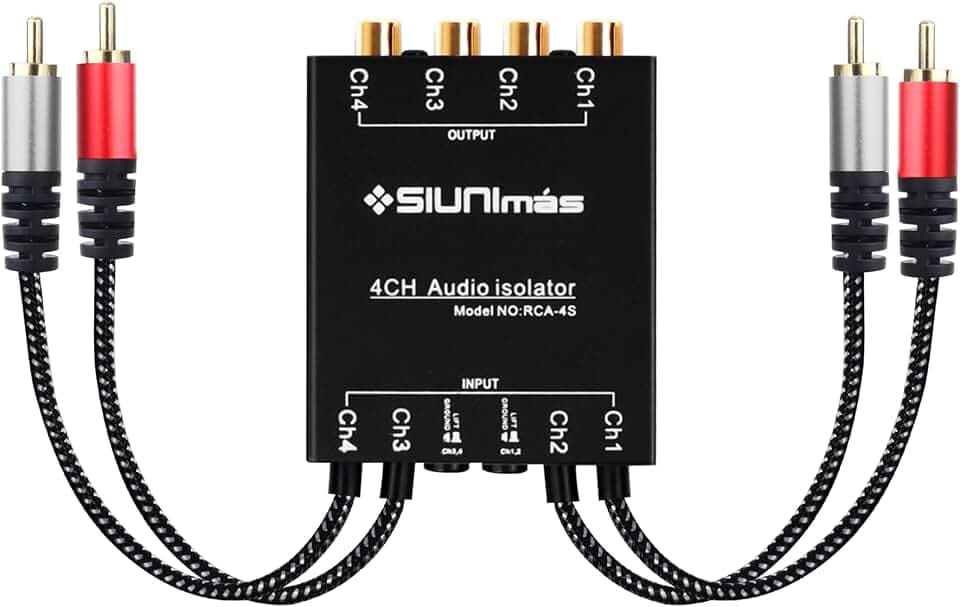 Pro RCA 4 Channels Ground Loop Isolator with Nylon Braided Cord Car and Home Theater Using Noise Filter with Ground Lift Durable Metallic Box Design (SIM-4CH-RCA04A)