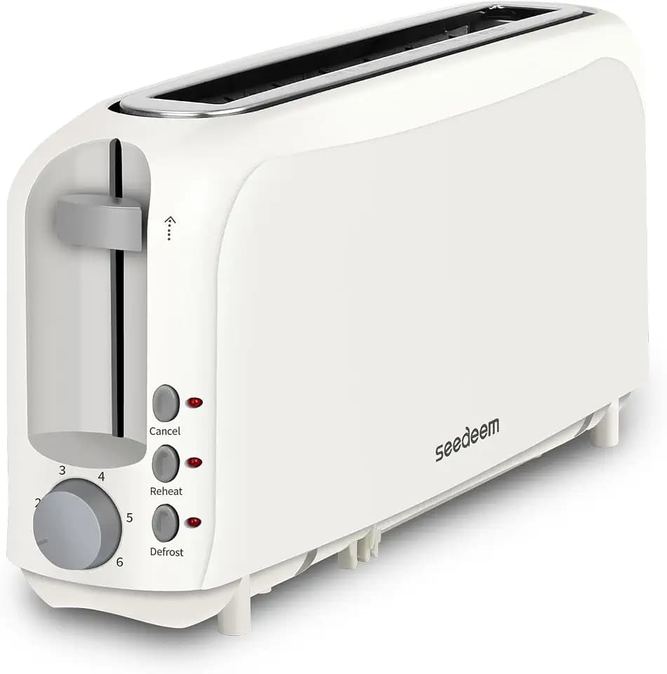 SEEDEEM 2-Slice Long Slot Toaster for Bagels & Artisan Bread, 10" Extra Wide Slim Design, 6 Toasting Shades, Cancel/Reheat/Defrost, Removable Crumb Tray, Auto Shut-Off, White