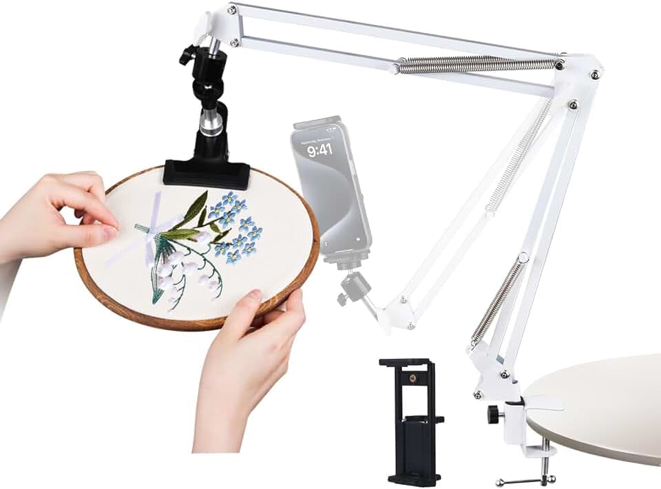 Adjustable Embroidery Hoops Stand for Hand Work,Cross Stitch Frame with 360° Rotation,Needlework Frame, Embroidery Stand Suitable for Embroidery Kit,3-in-1 Hoop/Tablet/Phone Holder Desk Stand,White