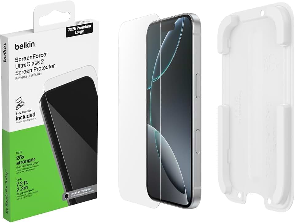 Belkin ScreenForce UltraGlass 2 Schutzfolie iPhone 17 Pro Max, Kratzfest, Displayschutzfolie mit Positionierungsschale, Blasenfreie Anbringung, Screen Protector, Glasschutz, 9H Härte, Recyceltes Glas