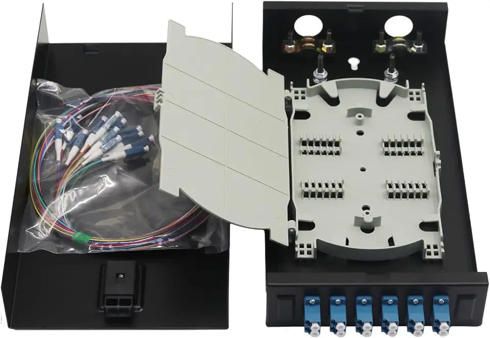LC-UPC 6 Duplex 12 Port Wall Mount Fiber Enclosure with Splice Tray Singlemode LC-UPC Kit (Includes 1.2 Meter Pigtail and Fiber Coupler)