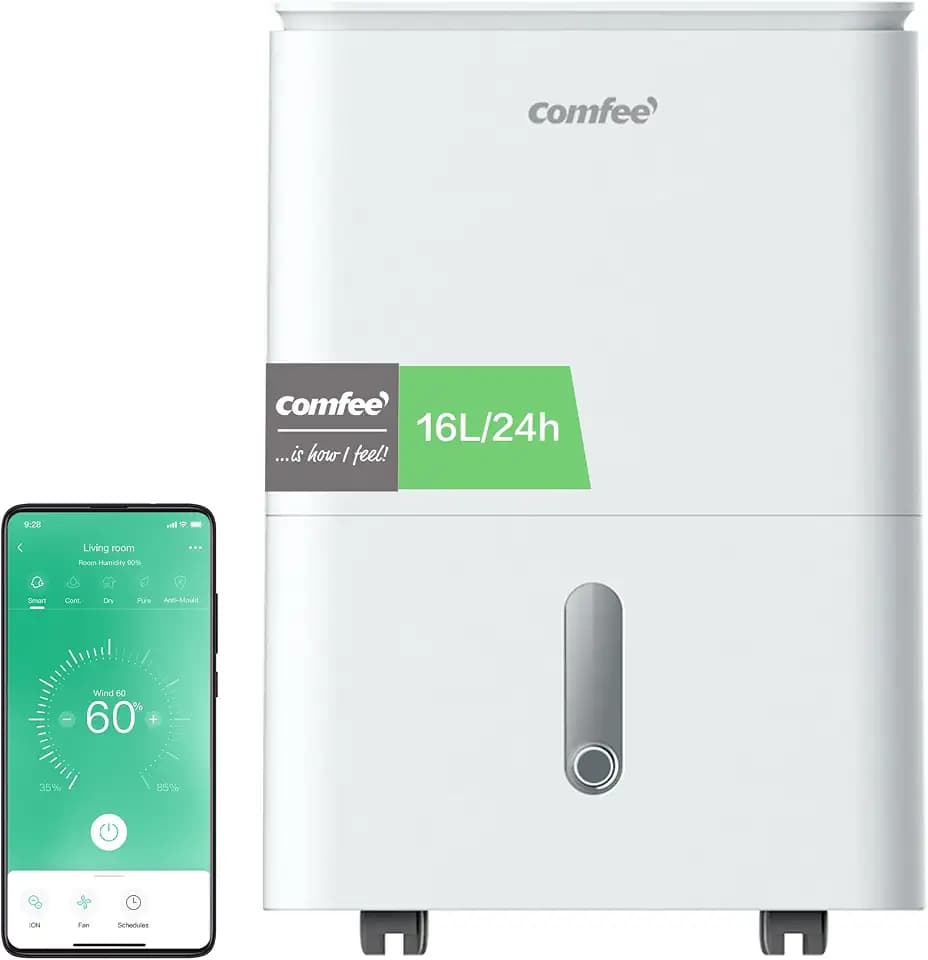 COMFEE' Luftentfeuchter Easy Dry 16L/Tag, 4 Modi, Luftbefeuchter angeschlossen, Wassertank 3 l, Wäschetrockner, Swing-Funktion, für Räume von 32㎡/80 m³