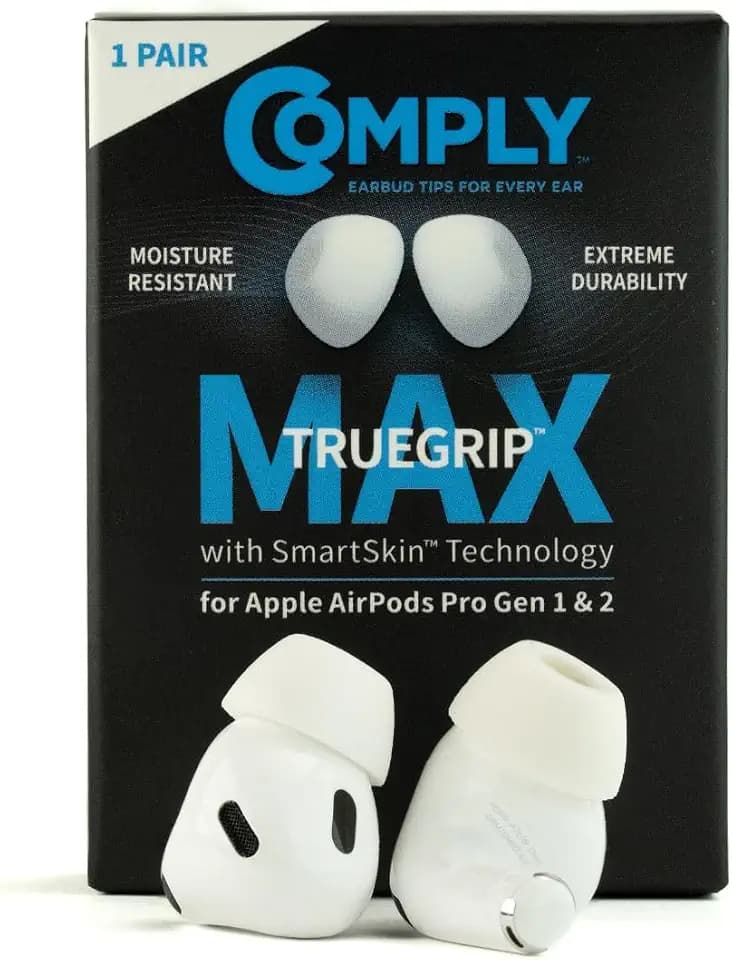 Comply TrueGrip MAX | Premium Memory Schaumstoff Ersatz-Ohrstöpsel für Apple AirPods Pro (1 & 2 Generation) | SmartSkin™-Technologie | Weiss, Größe S, 1 Paar