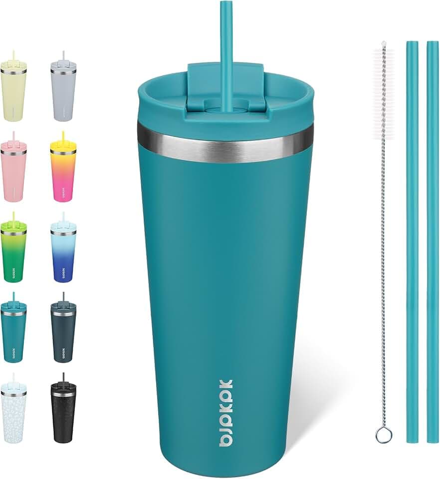 BJPKPK 650 ml Isolierter Edelstahl-Becher mit Deckel und Strohhalm